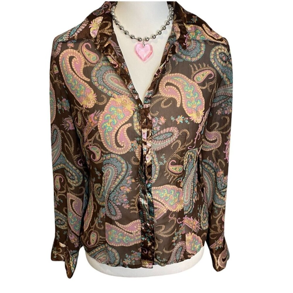VTG No Boundaries Sheer Paisley Button Blouse Multicolor Western Boho Y2K Sz M
